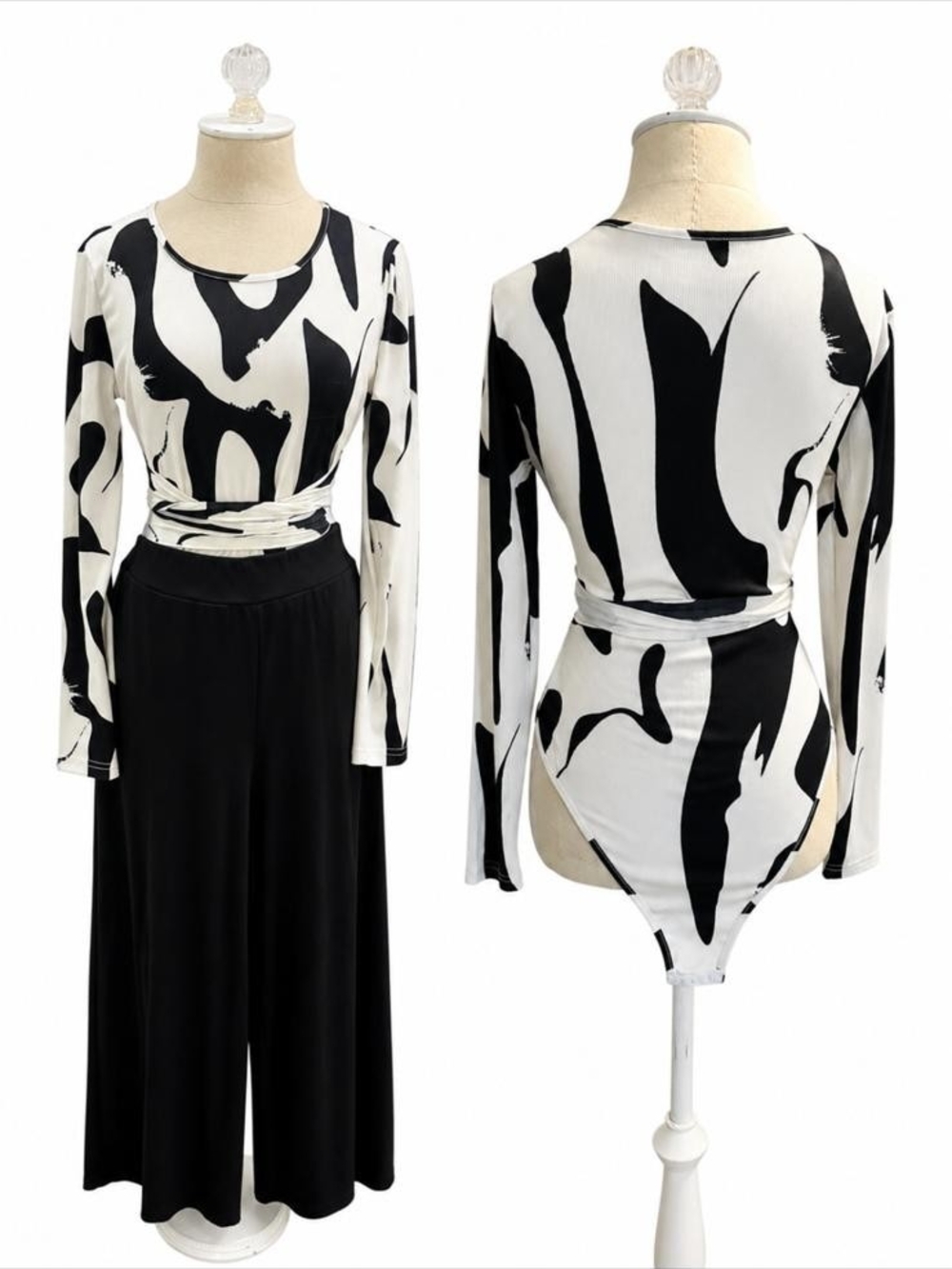 Black & White Abstract Print Long-Sleeve Bodysuit